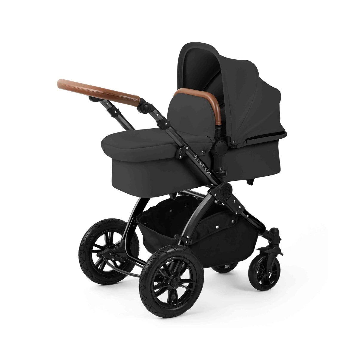 Ickle Bubba Stomp Luxe 12 Piece Travel System with i-Size Cirrus Car Seat & ISOFIX Base - Black/Charcoal Grey/Tan
